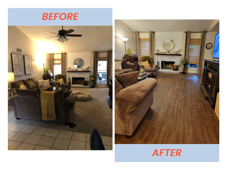 Comparison of living room before and after renovation showing a move from beige carpet and dark furniture to wood flooring and light-colored furniture, with changes in decor and lighting.
