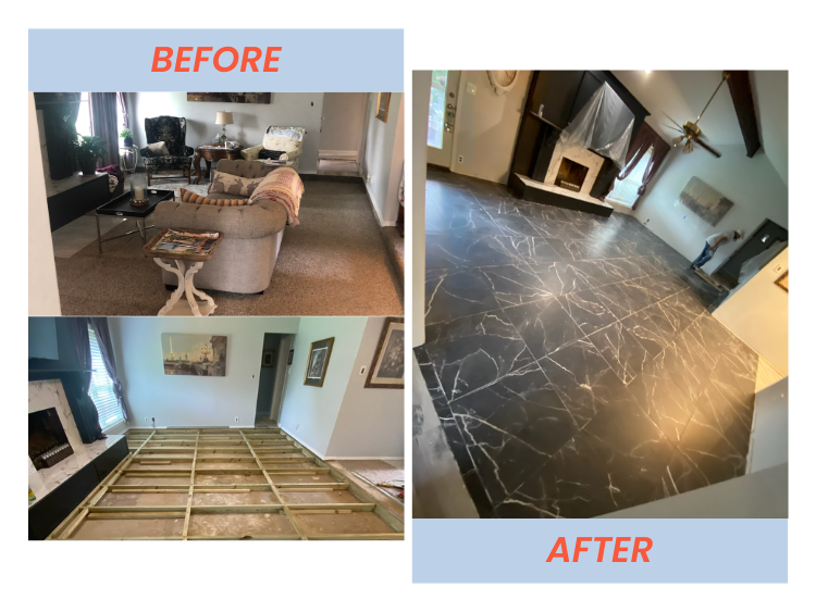 Side-by-side comparison showing a living room before and after remodeling. The 'before' images feature furniture, carpet, and clutter, while the 'after' image displays a newly finished black marble floor in an empty or minimally furnished space.