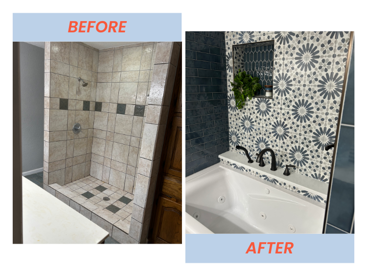 Side-by-side images showing a bathroom renovation, with the left labeled 'BEFORE' featuring a plain tiled shower, and the right labeled 'AFTER' showing a bath with decorative blue and white patterned tiles and a built-in shelf with plants and toiletr