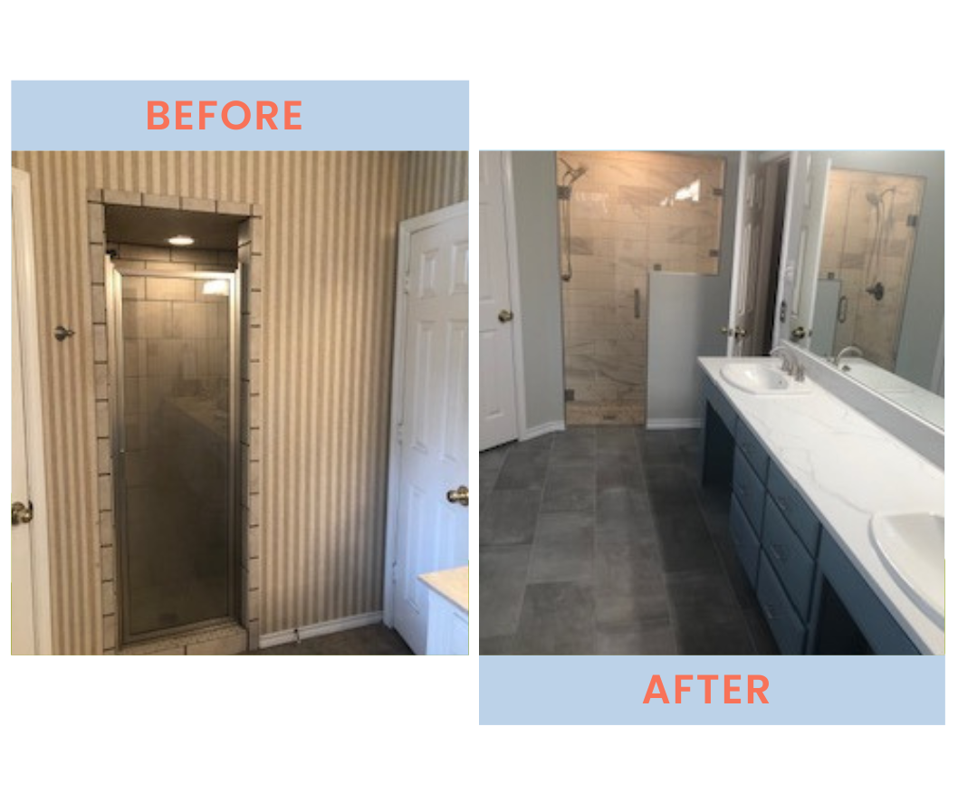 Side-by-side comparison of a bathroom before and after renovation, showing an updated bathroom with a modern double vanity, large mirror, and tiled shower.