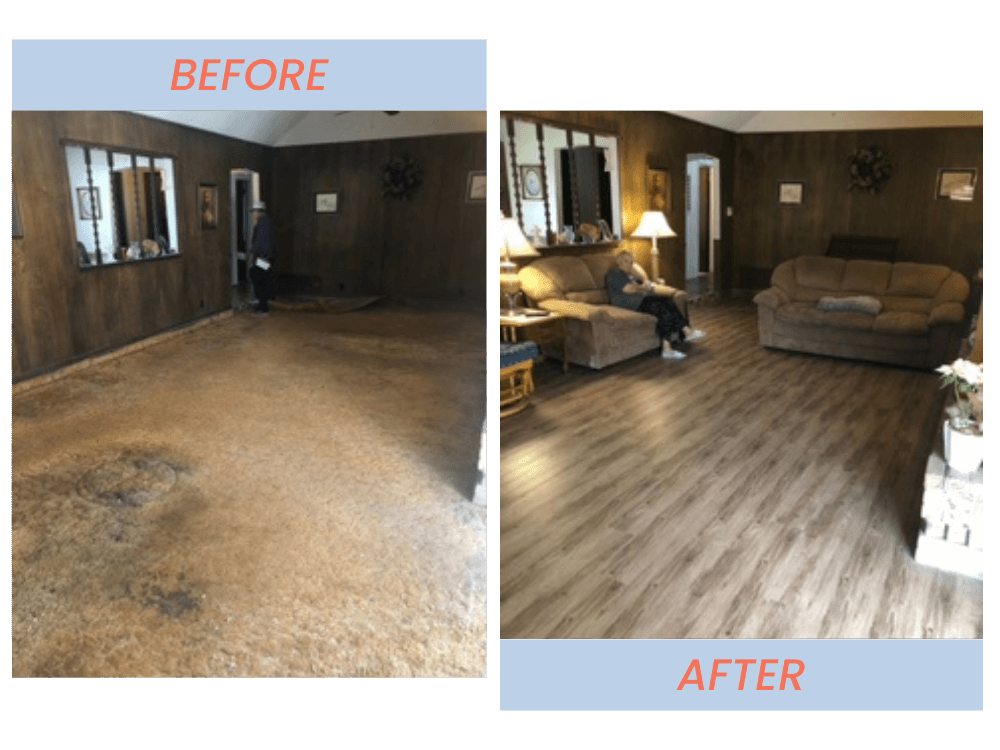Comparison of a living room before and after cleaning renovation. The 'Before' side shows an old, stained carpet with dark patches. The 'After' side shows the same room with a clean, polished wooden floor, brown sofas, and a warm, inviting ambiance.
