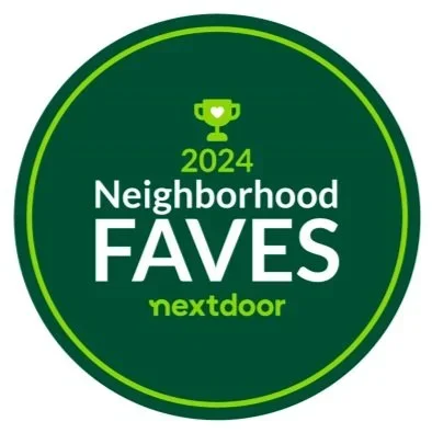 Green circular logo for 2024 Neighborhood Faves by Nextdoor, featuring a trophy icon at the top.