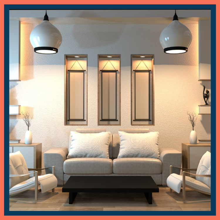 Modern living room with a beige sofa, two white armchairs, black coffee table, and wall art with three rectangular panels. Two pendant lights hang from the ceiling, and there are vases with branches on side tables.