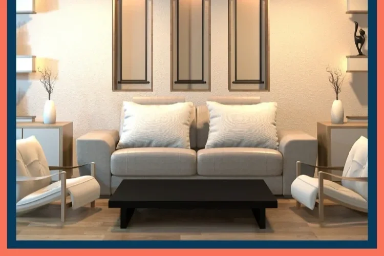 Modern living room with a light-colored sofa, two white armchairs, a black coffee table, and decorative items including vases with branches and framed artwork on the wall.