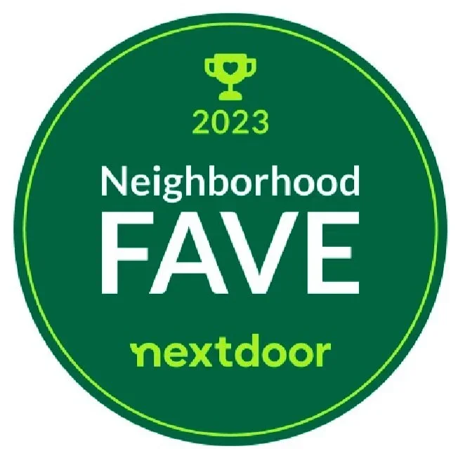 Green circular badge with a trophy icon and the text '2023 Neighborhood FAVE nextdoor'
