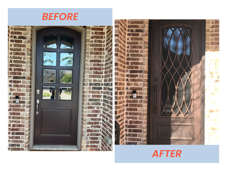 Comparison of a door before and after installation of a decorative iron security door on a brick house.