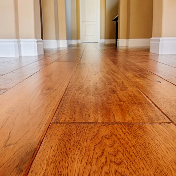 Close-up view of a polished wooden floor in a hallway leading to a door.