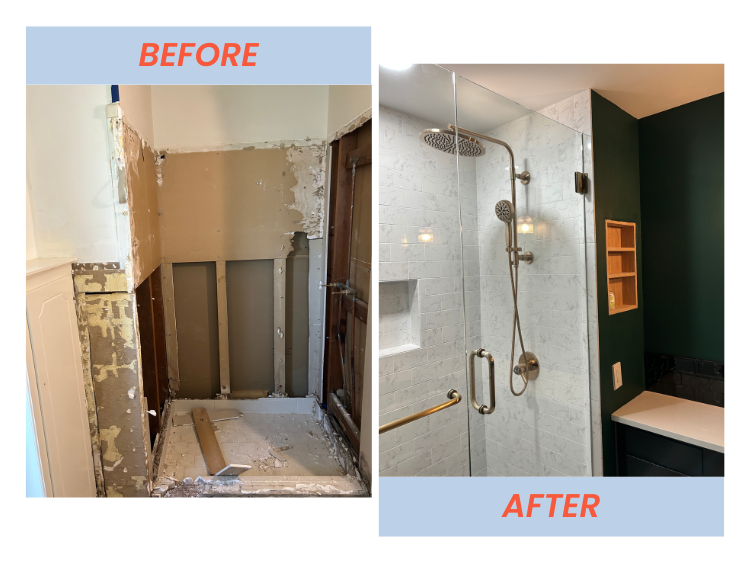 Side-by-side before and after images of a bathroom renovation. The 'before' shows a partially demolished wall behind a bathtub, with exposed drywall and debris. The 'after' displays a finished shower with white subway tiles, a rainfall showerhead, a 