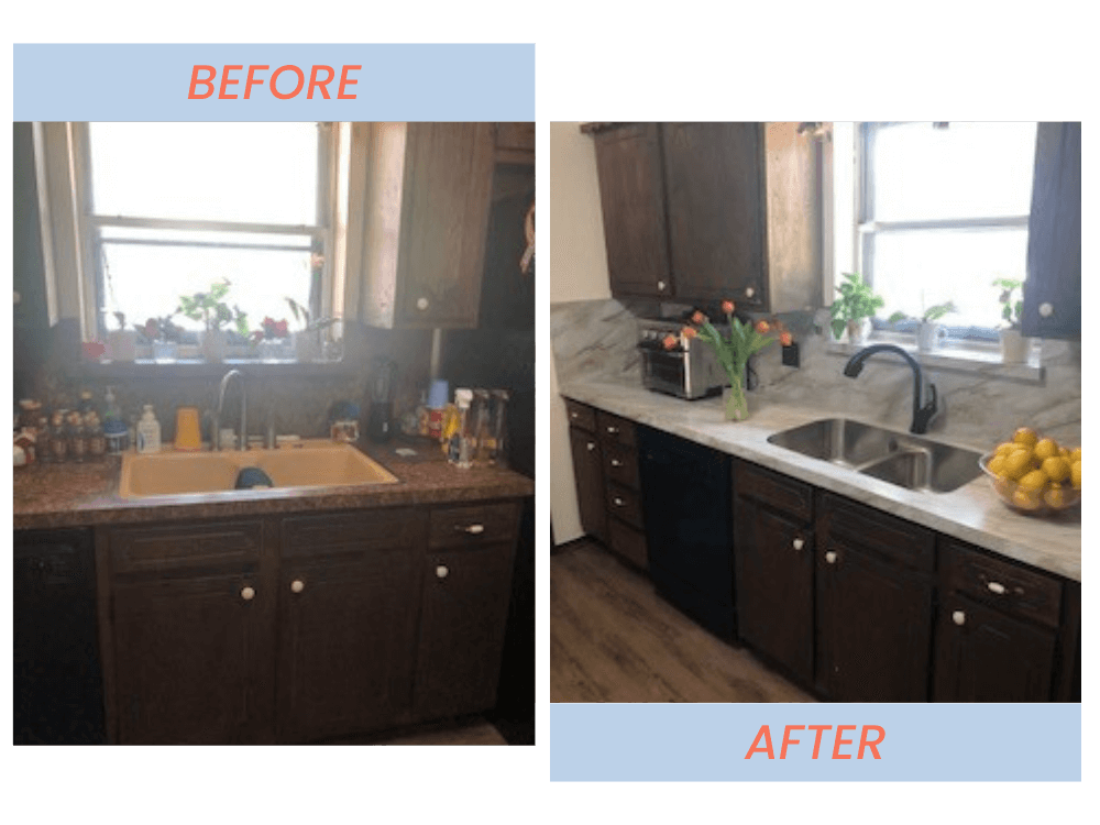 Side-by-side comparison of a kitchen before and after renovation. The before image shows a dark wooden cabinet with a cluttered countertop and a yellow sink, while the after image displays a refreshed kitchen with new marble countertop, dark wooden c