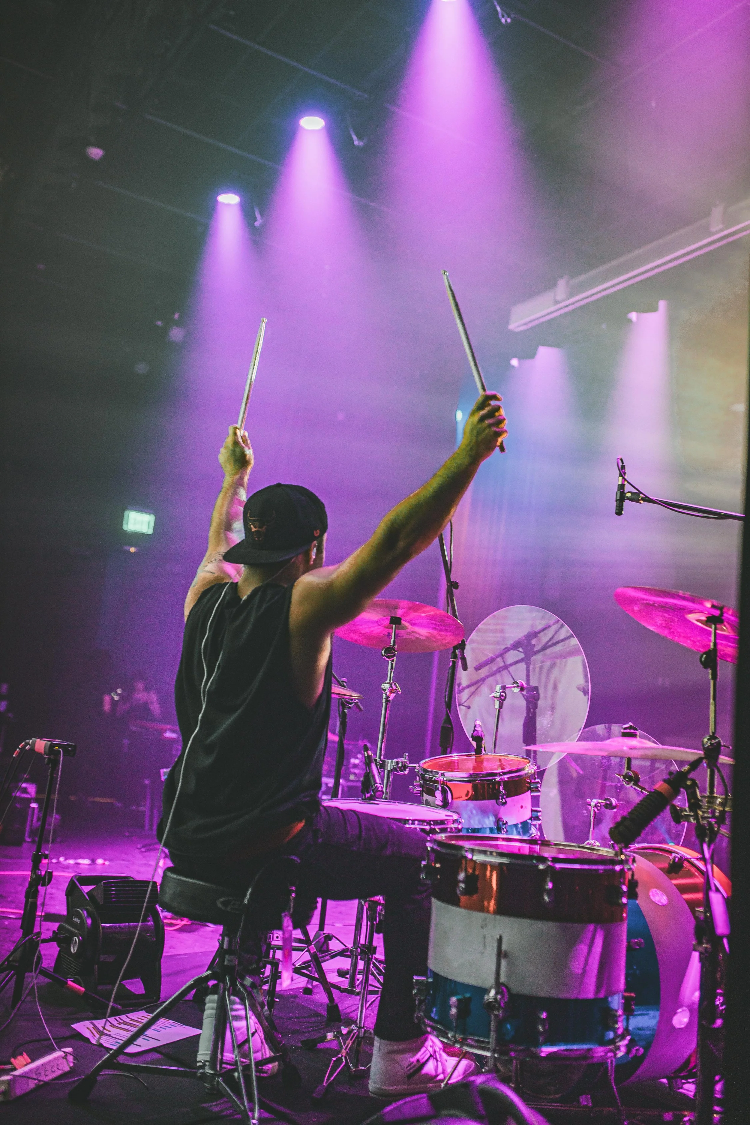 Cory Noonan playing drums live at the Bornemann Theatre San Marcos, California with Matthew Phillips. Drummers POV. Photo Credit : Charleen McDonald.