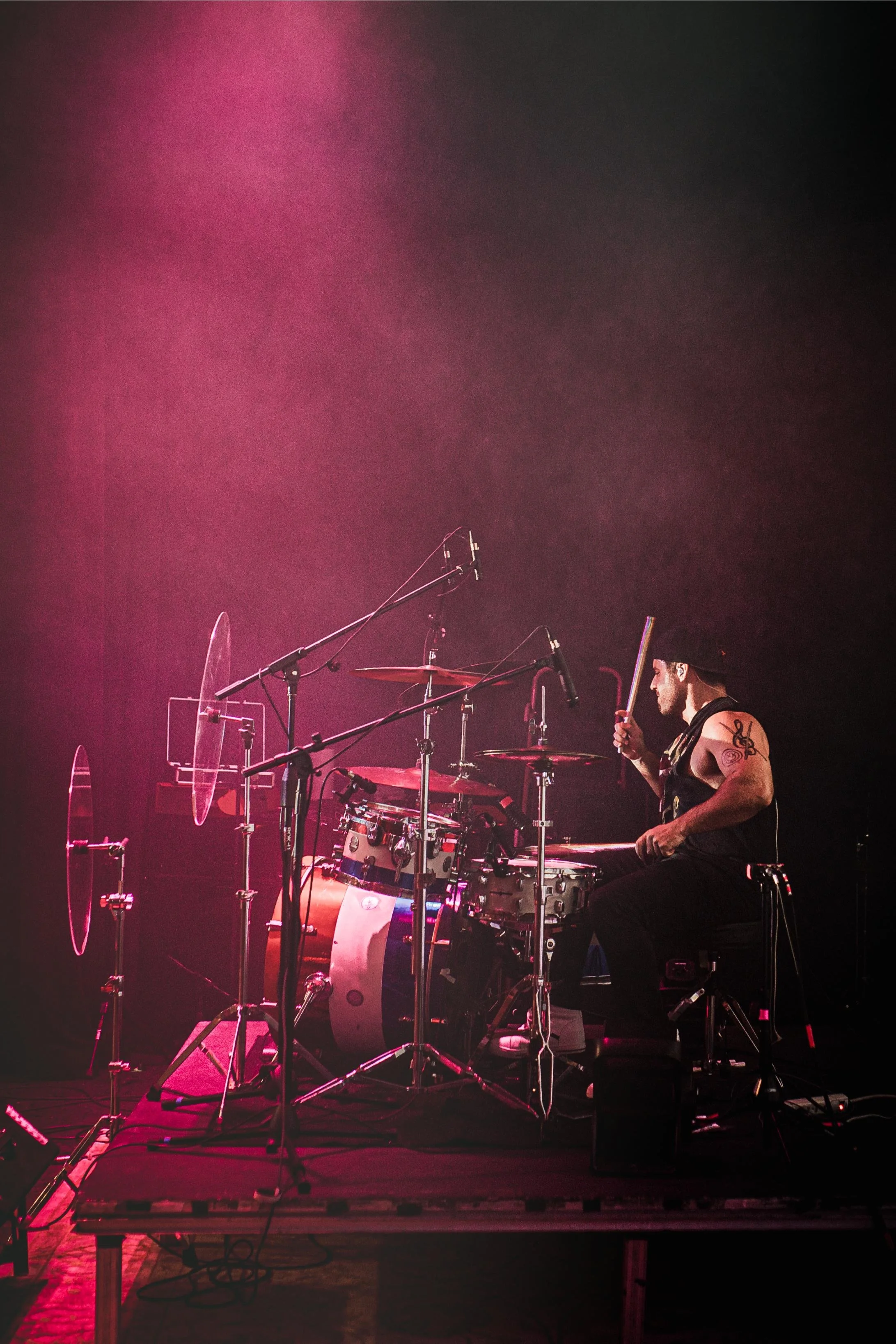 Cory Noonan playing drums stage left live at the Bornemann Theatre San Marcos, California with Matthew Phillips. Photo Credit : Charleen McDonald.