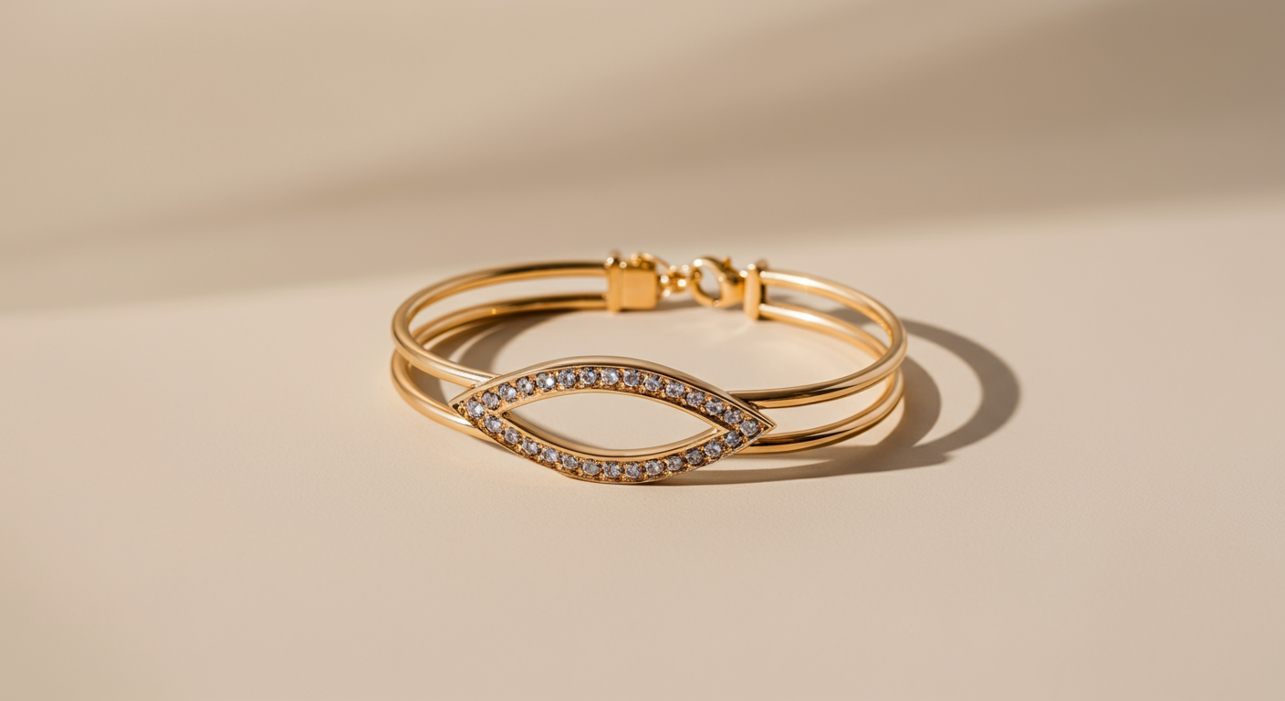 Gold bracelet with a marquise-shaped design encrusted with small diamonds