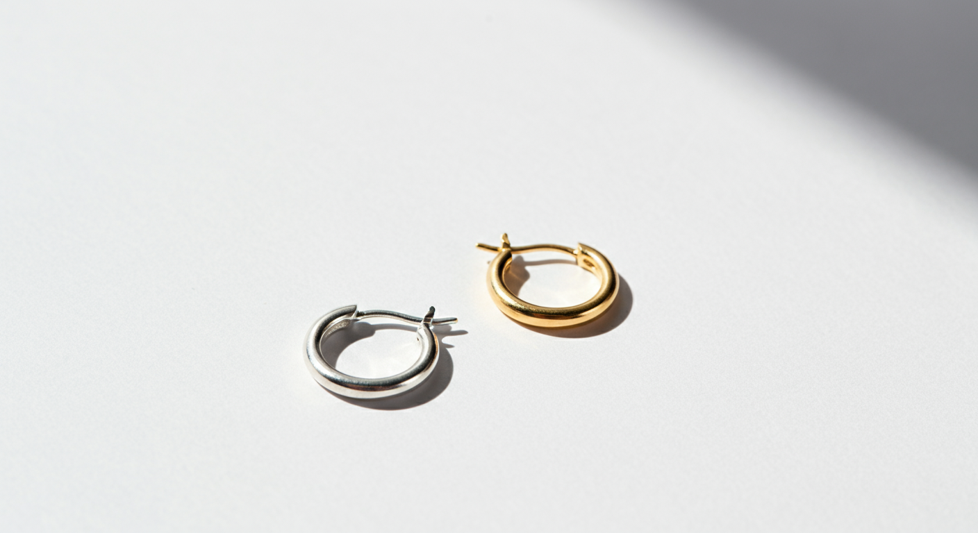 A pair of hoop earrings, one silver and one gold, placed on a white surface with shadows cast by sunlight.