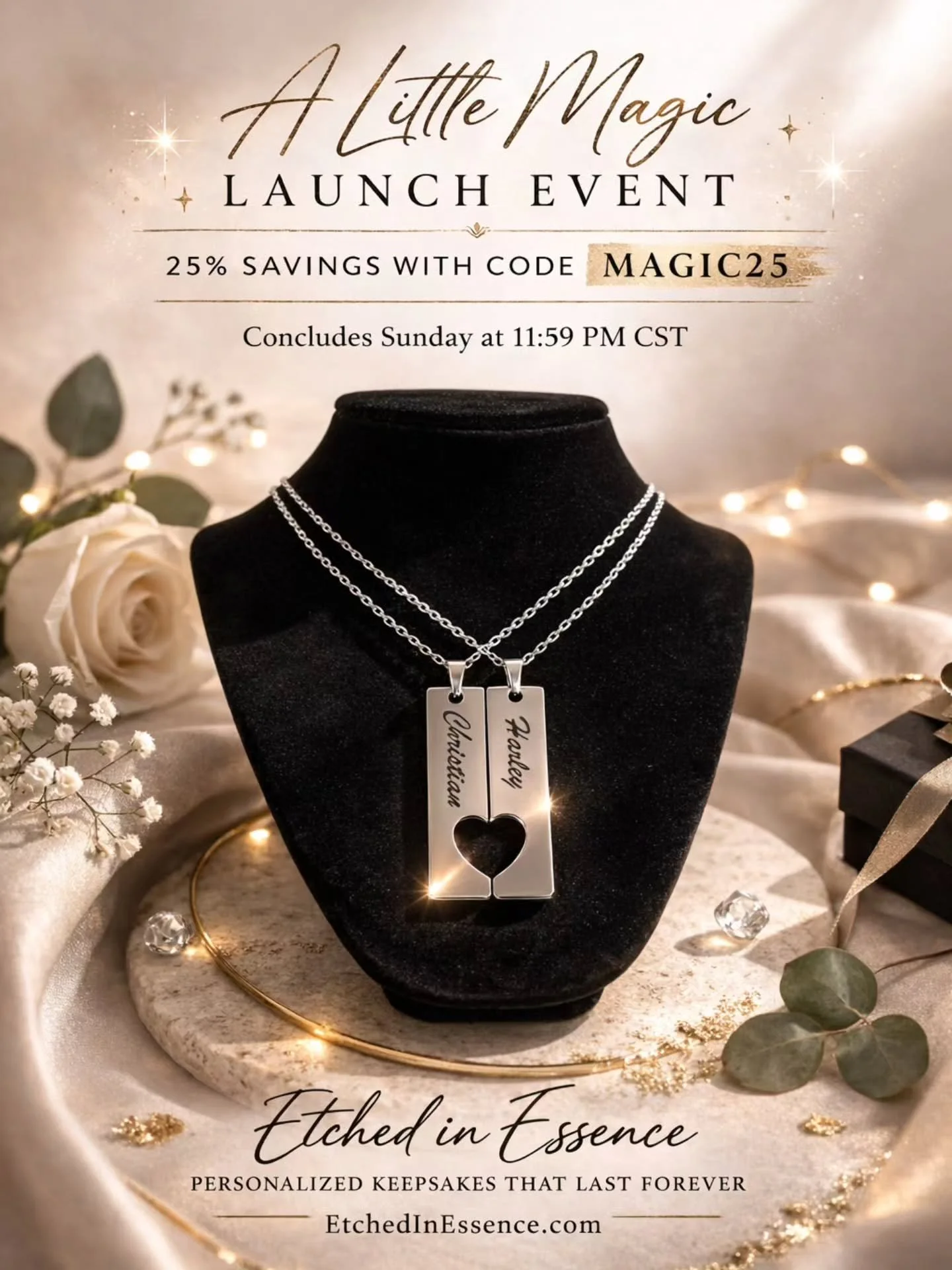 A Little Magic is officially online. ✨

To celebrate the launch of our online boutique, enjoy 25% savings with code&nbsp;MAGIC25&nbsp;for a limited time.

Personalized. Intentional. Designed to last.

Starts Friday at 12:00 AM CST
Concludes Sunday at