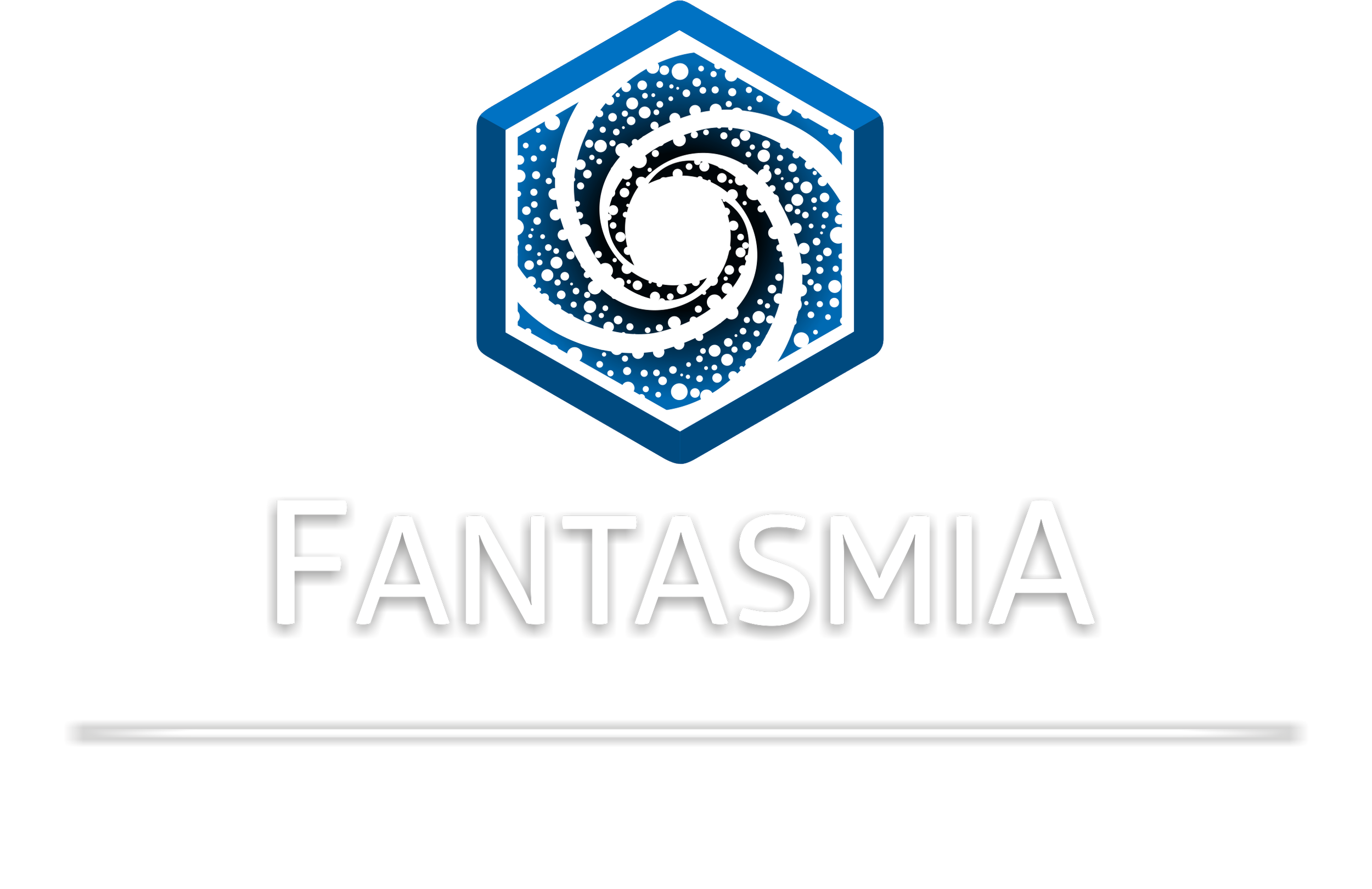 Logo featuring a blue hexagonal shape with a white spiral and dots, with the text 'FANTASMIA' underneath.