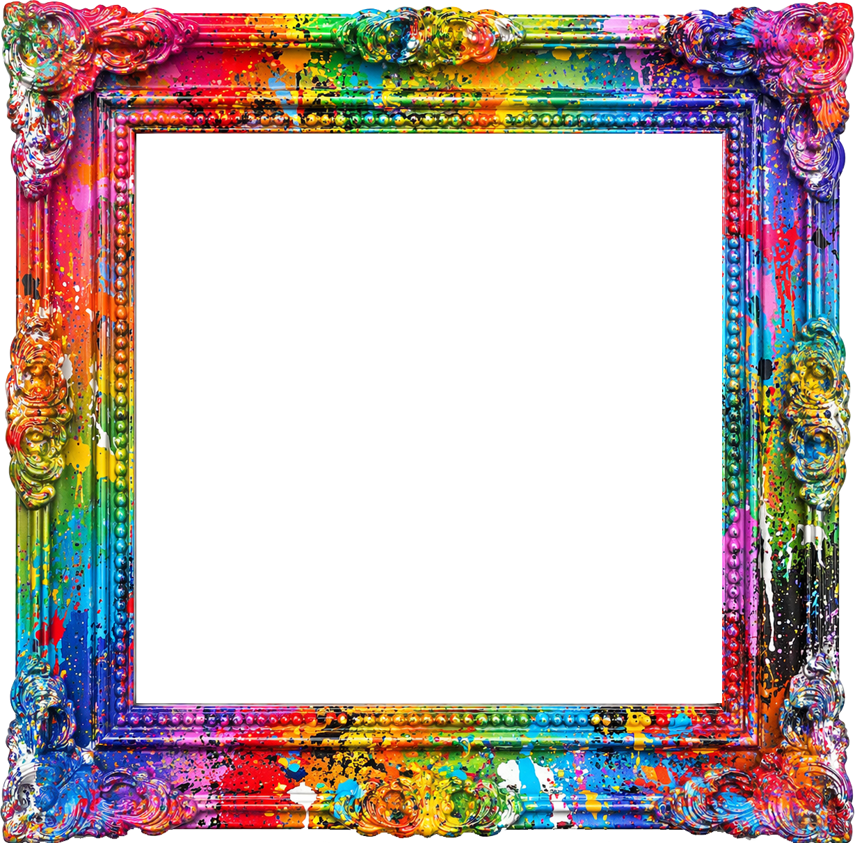 Colorful ornate picture frame splattered with rainbow paint, with a distorted rainbow-colored pattern inside.