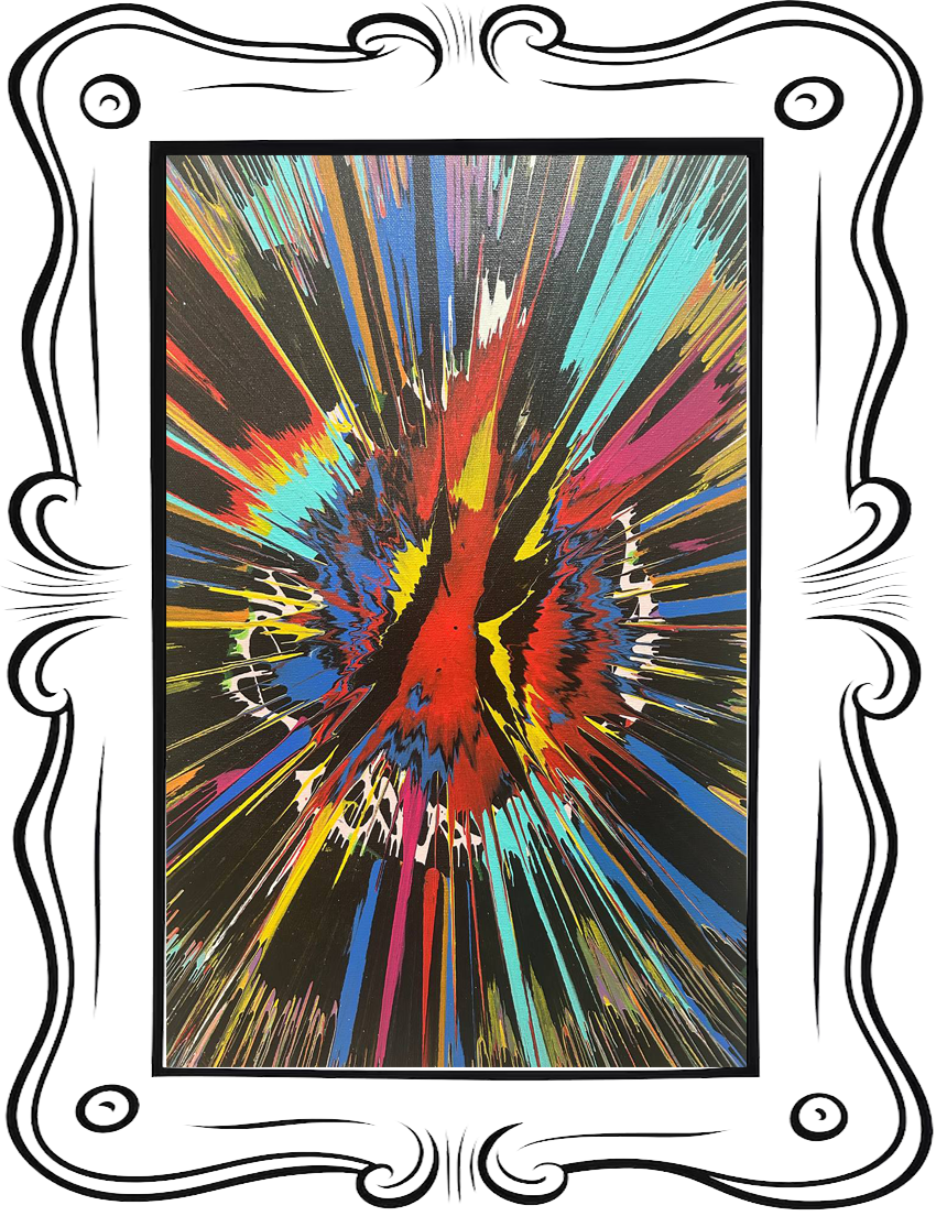Abstract digital artwork with colorful streaks and splashes radiating from a central red area, surrounded by a decorative black and white ornate border.