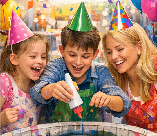 Three children wearing colorful party hats celebrate a birthday party, engaged in a fun activity with colorful balloons and decorations in the background.