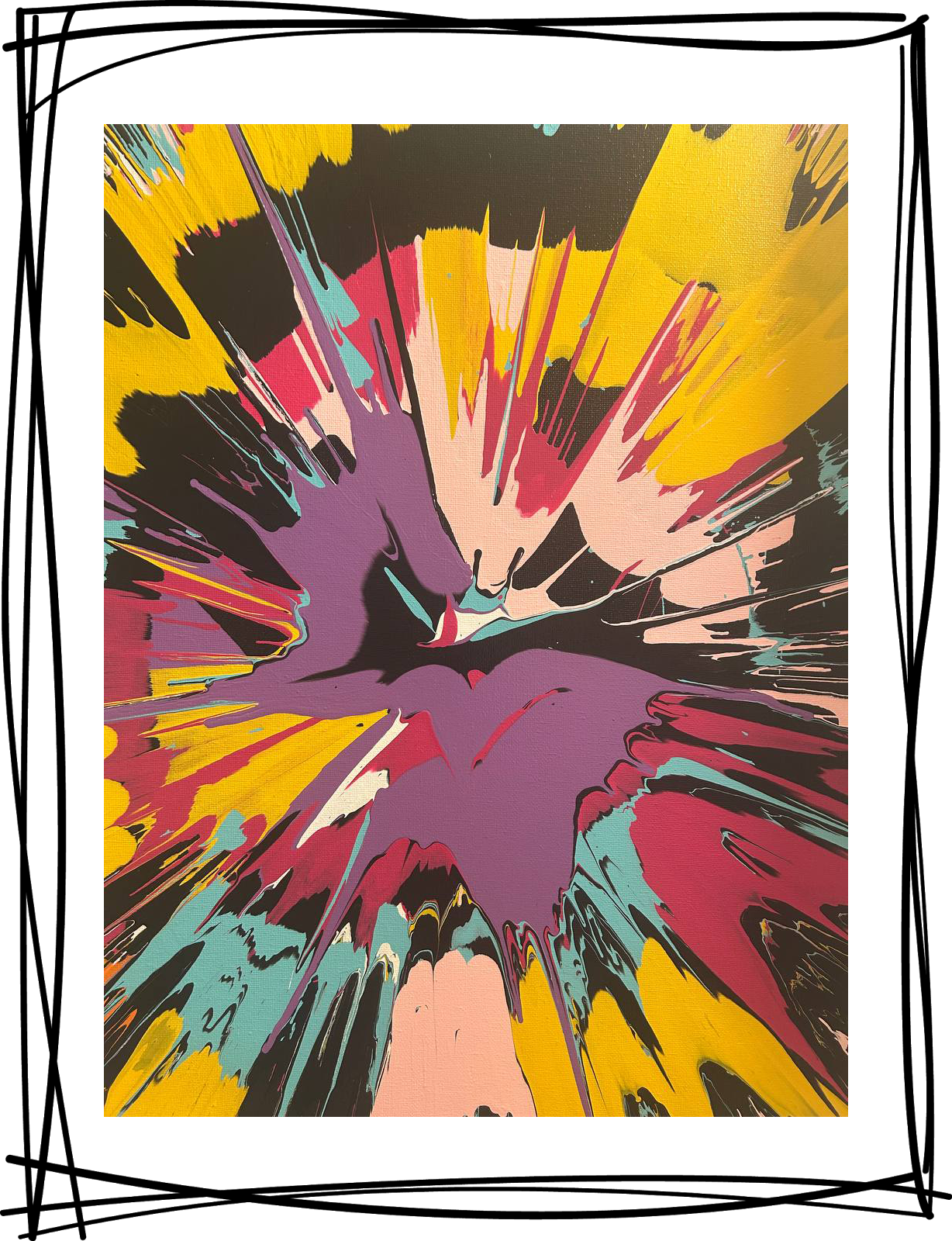 Colorful abstract explosion with splashes of yellow, purple, pink, black, and teal.