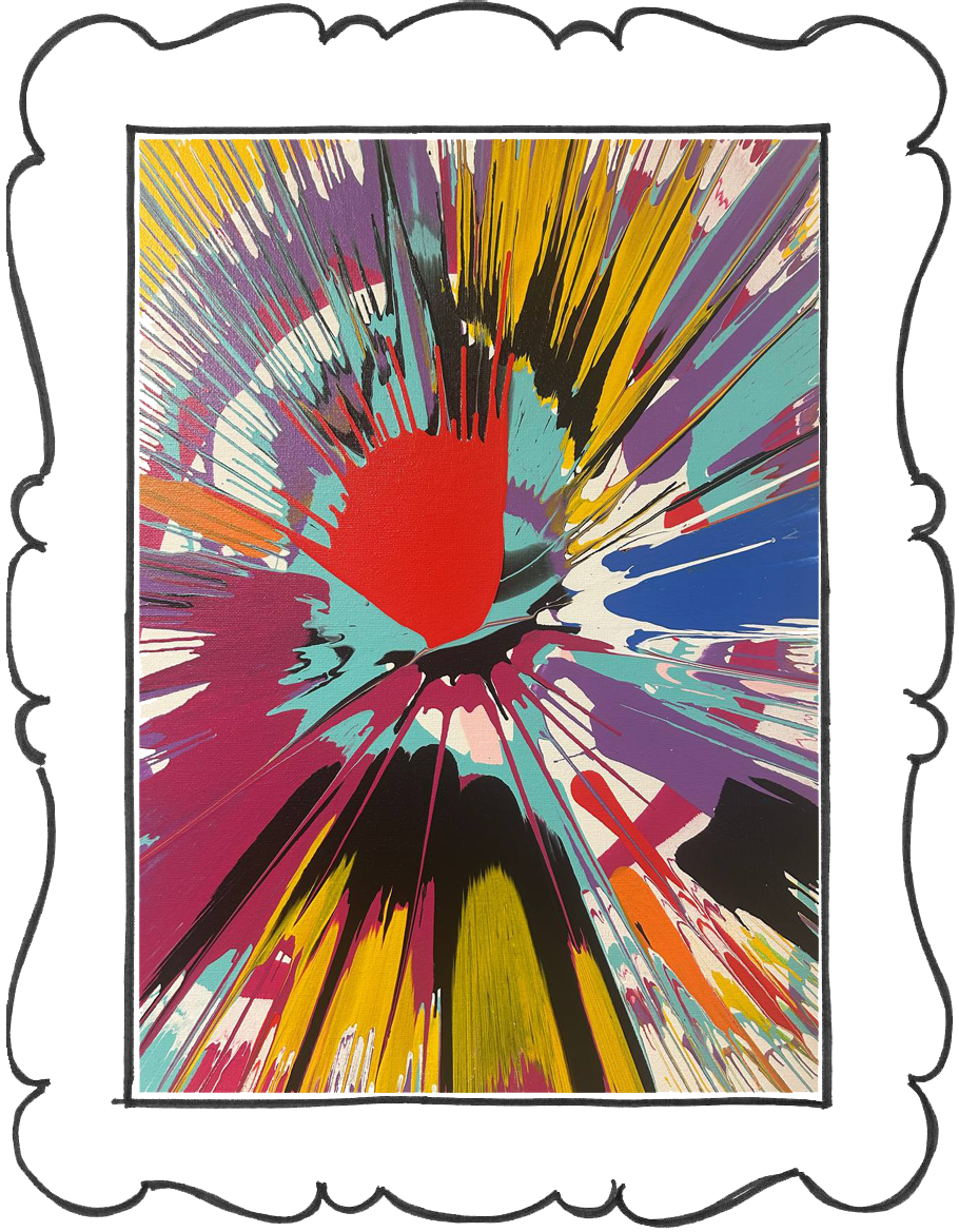 Abstract explosion of colorful paint splatters with a prominent red spot in the center, surrounded by yellow, purple, blue, orange, and black streaks, framed in a gray decorative border.