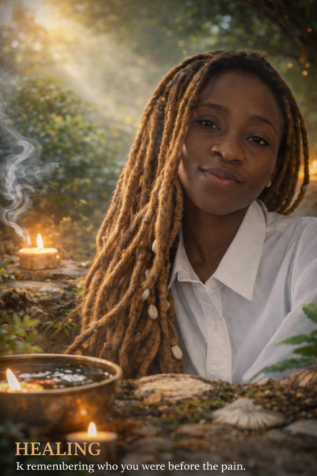 A woman with long dreadlocks and a white shirt smiling in a natural setting with candles and greenery. Caption reads 'HEALING' with the subtext 'Remembering who you were before the pain.'