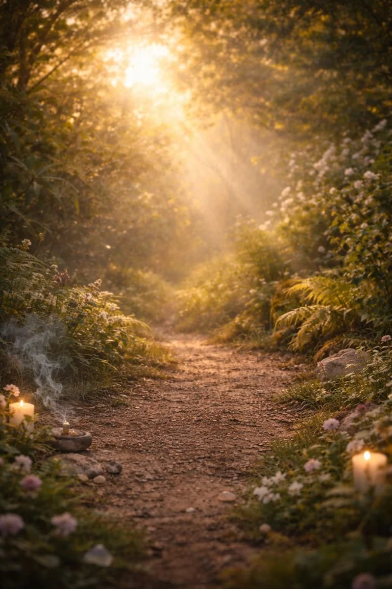 A peaceful forest path during sunset with candles and incense on the ground, surrounded by lush greenery and flowers.