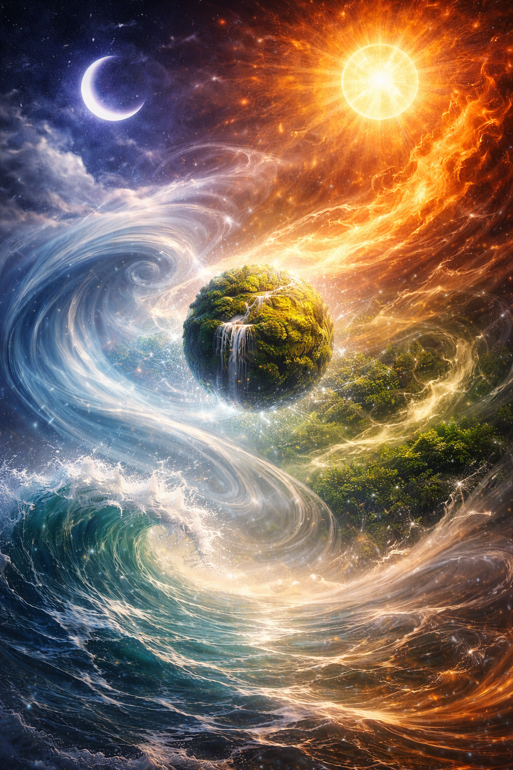 A surreal, cosmic scene with a small, moss-covered planet with waterfalls, surrounded by swirling ocean waves. The background features a split sky with a crescent moon on the left and a bright, fiery sun on the right, amidst colorful nebulae and stars.