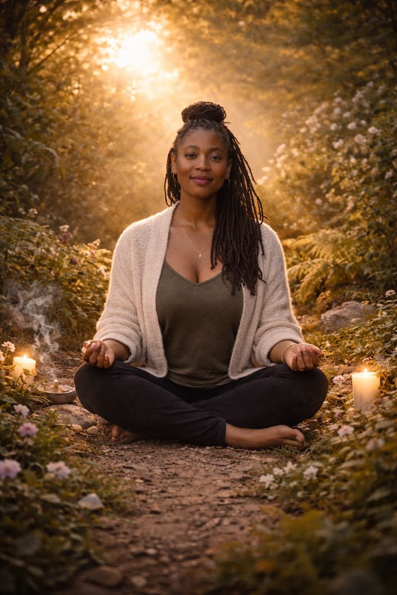 A woman practicing meditation outdoors on a nature trail during sunset, surrounded by candles and flowers.