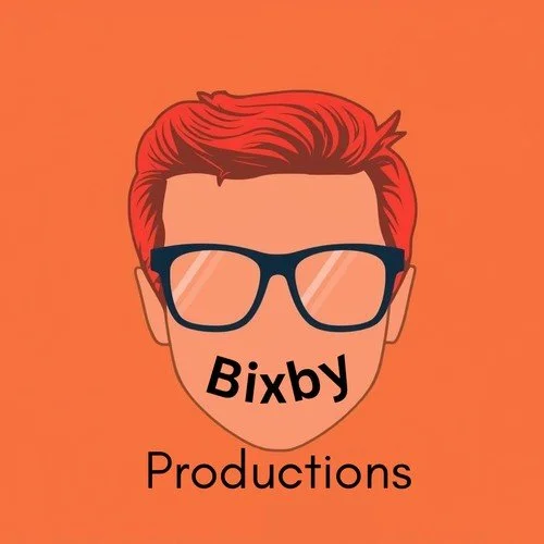 Illustration of a person with red hair and glasses, with the word "Bixby" on the face and the word "Productions" below, against an orange background.