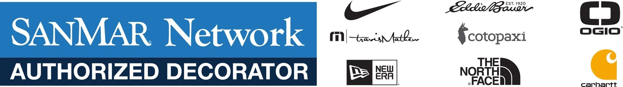 A set of various logos of brands and companies, including SanMar Network, Nike, Eddie Bauer, cotopaxi, OGIO, New Era, The North Face, Carhartt, and TravisMathew.