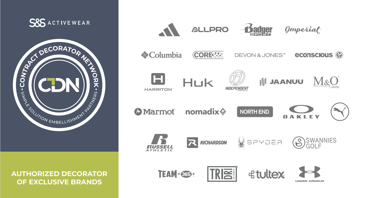 Logos of various sportswear and outdoor brands, including Adidas, Columbia, The North Face, Oakley, Puma, Under Armour, and others, with a section highlighting 'Authorized Decorator of Exclusive Brands'.
