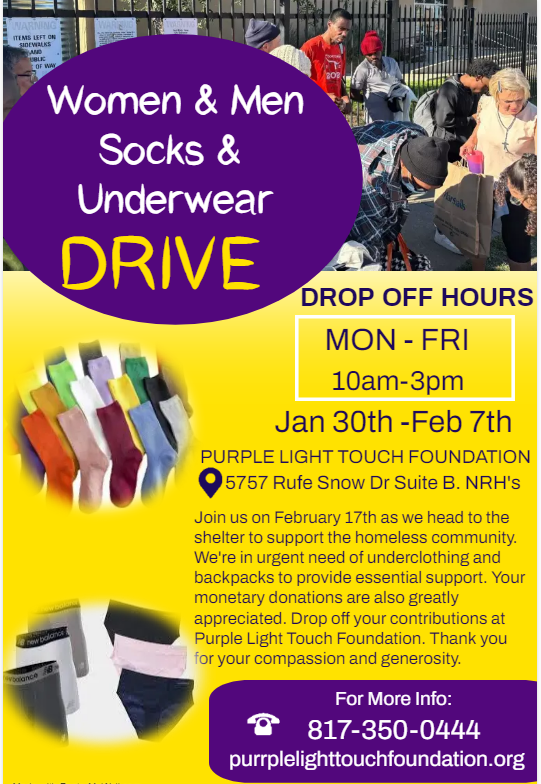 People gathering at a sock and underwear drive event, with clothing displayed and information about drop-off hours and location.