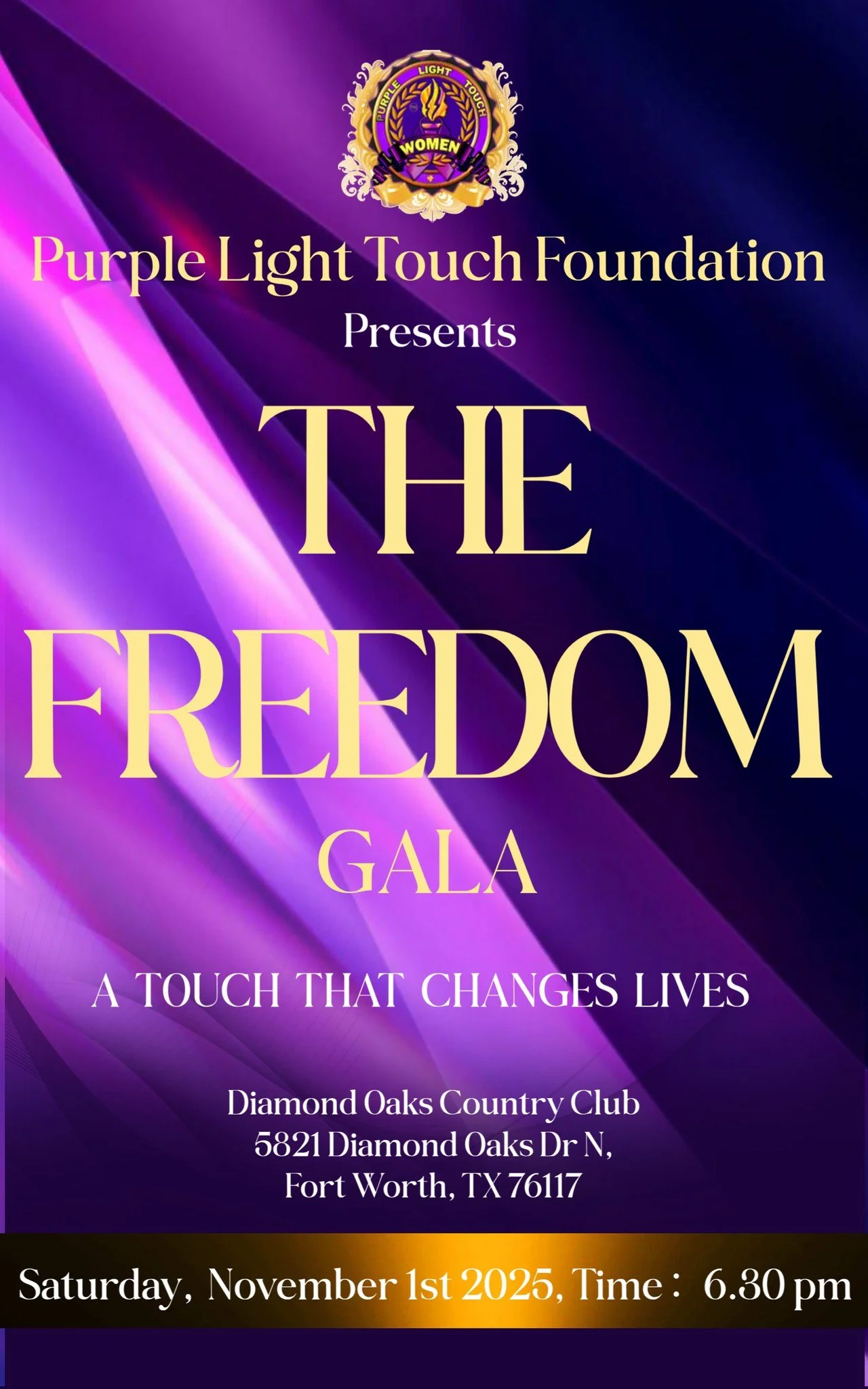 Event poster for the Purple Light Touch Foundation's The Freedom Gala, taking place at Diamond Oaks Country Club in Fort Worth, TX, on November 1st, 2025, at 6:30 pm.