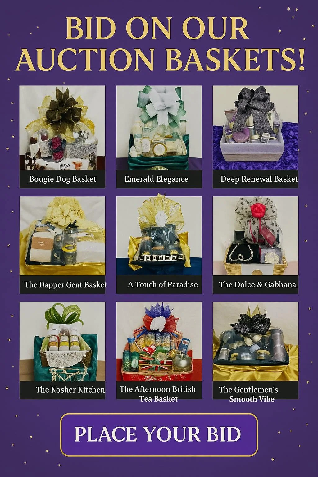 Auction baskets with various gift items, labeled with names such as Bougie Dog Basket, Emerald Elegance, Deep Renewal Basket, The Dapper Gent Basket, A Touch of Paradise, The Dolce & Gabbana, The Kosher Kitchen, The Afternoon British Tea Basket, and 