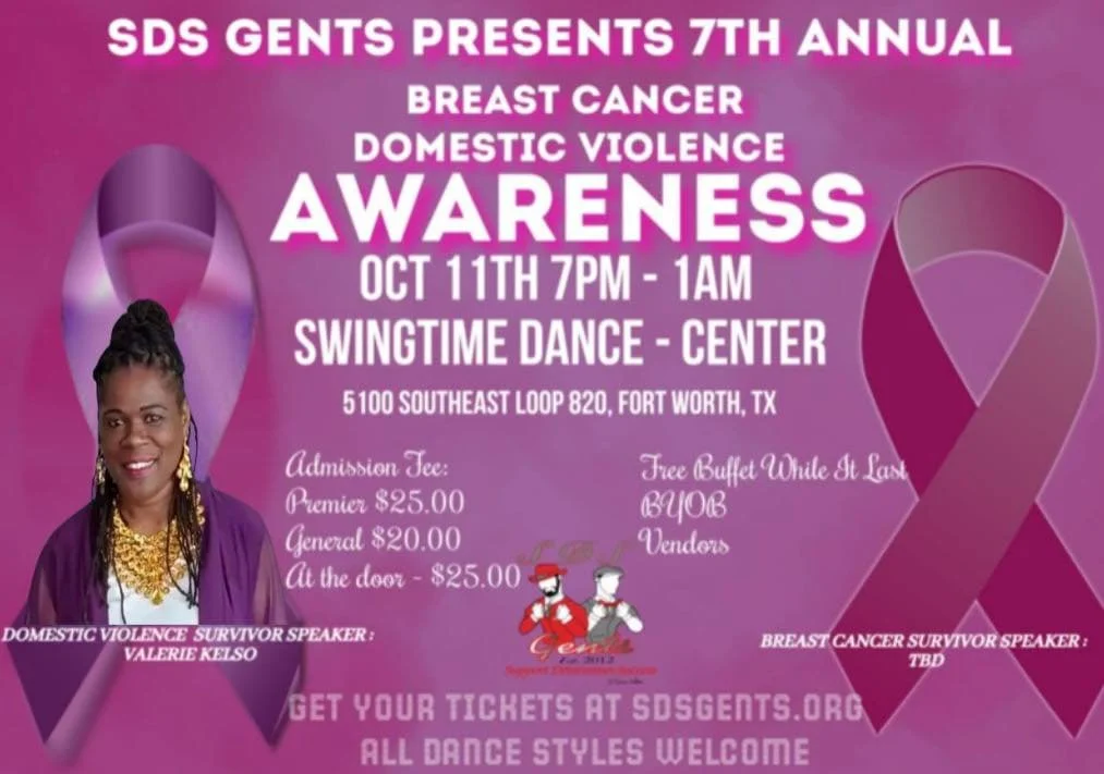 Event poster for the 7th annual breast cancer and domestic violence awareness event hosted by SDS Gents, featuring a pink ribbon, a woman and a cartoon character, with event details and a website link.