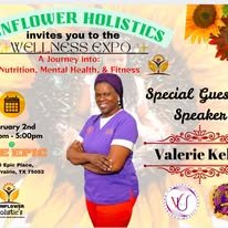 Flyer for the LLENSX Expo hosted by Flower Holistics, featuring a special guest speaker Valerie Ke, and including event details, date, time, location, and colorful floral and sunflower graphics.