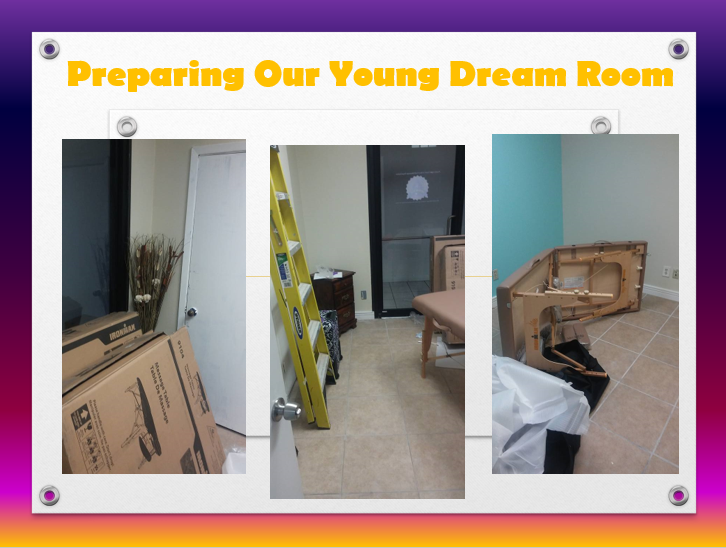 Three photos of a room under renovation, titled 'Preparing Our Young Dream Room'. The first showing boxes and a broom, the second showing a ladder and furniture near a sliding door, the third showing a disassembled table and packaging on the floor.