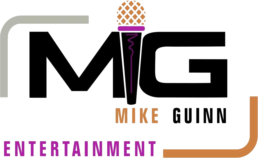 Logo for Mike Guinn Entertainment, featuring large black letters 'M' and 'G' with a microphone between them, and the company name "Mike Guinn" underneath.