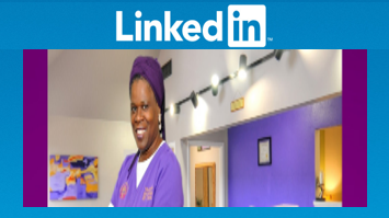 A woman in purple scrubs smiling in a brightly decorated room with purple and yellow accents and string lights, with the LinkedIn logo at the top.