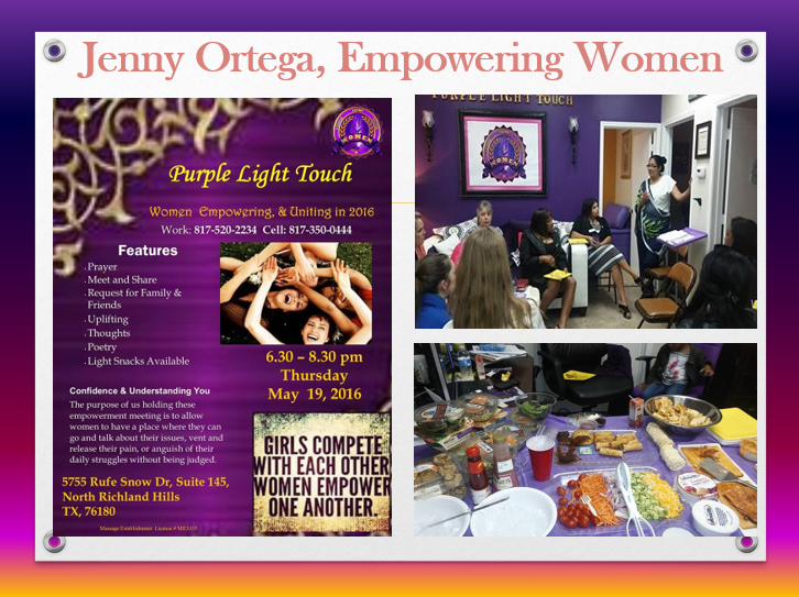 Flyer for Jenny Ortega's empowering women event called Purple Light Touch. It includes event details, a photo of women holding hands, and a table with snacks.