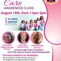 Pink flyer for a Breast Cancer Awareness event on August 19th from 11am to 2pm, featuring women and portraits of two survivors, Valérie Kesse and Letitia Stribling, with text about breast cancer detection and health awareness.