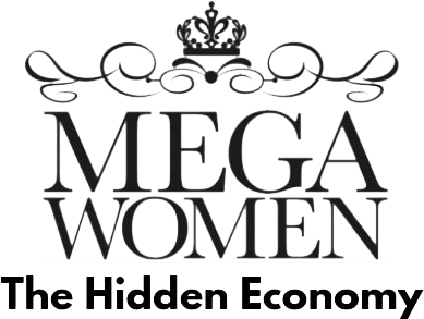 Logo with a crown and decorative swirl designs featuring the text "MEGA WOMEN" and the tagline "The Hidden Economy".