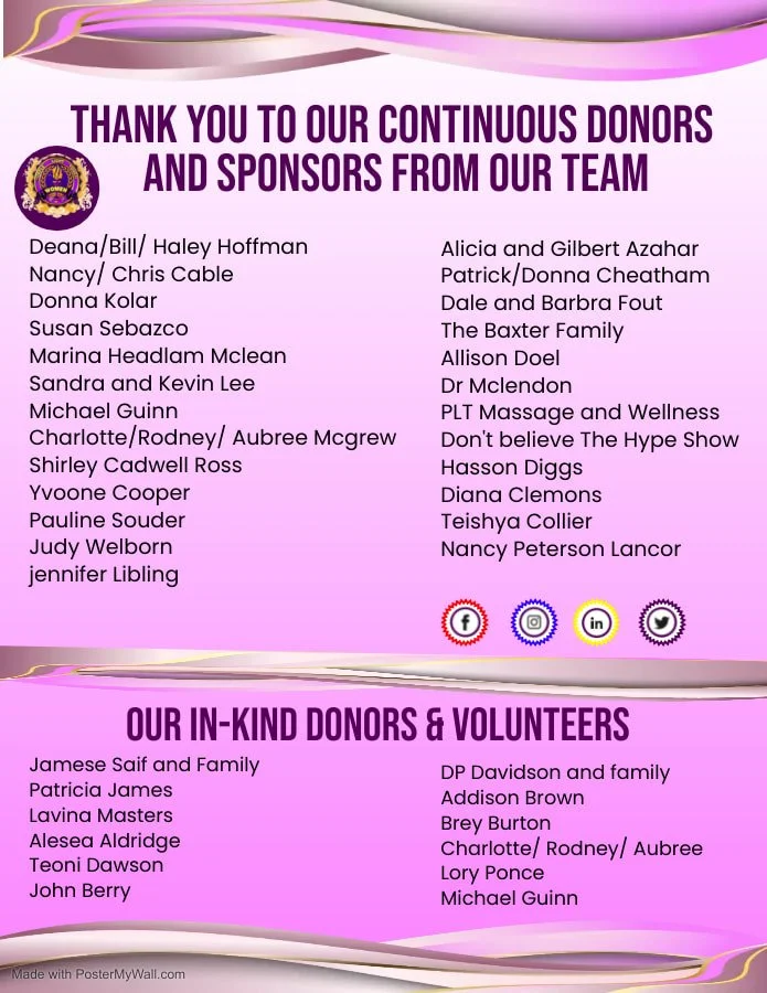 Thank you message for donors and sponsors from a team, listing individual and family names, including social media icons, on a pink and purple background
