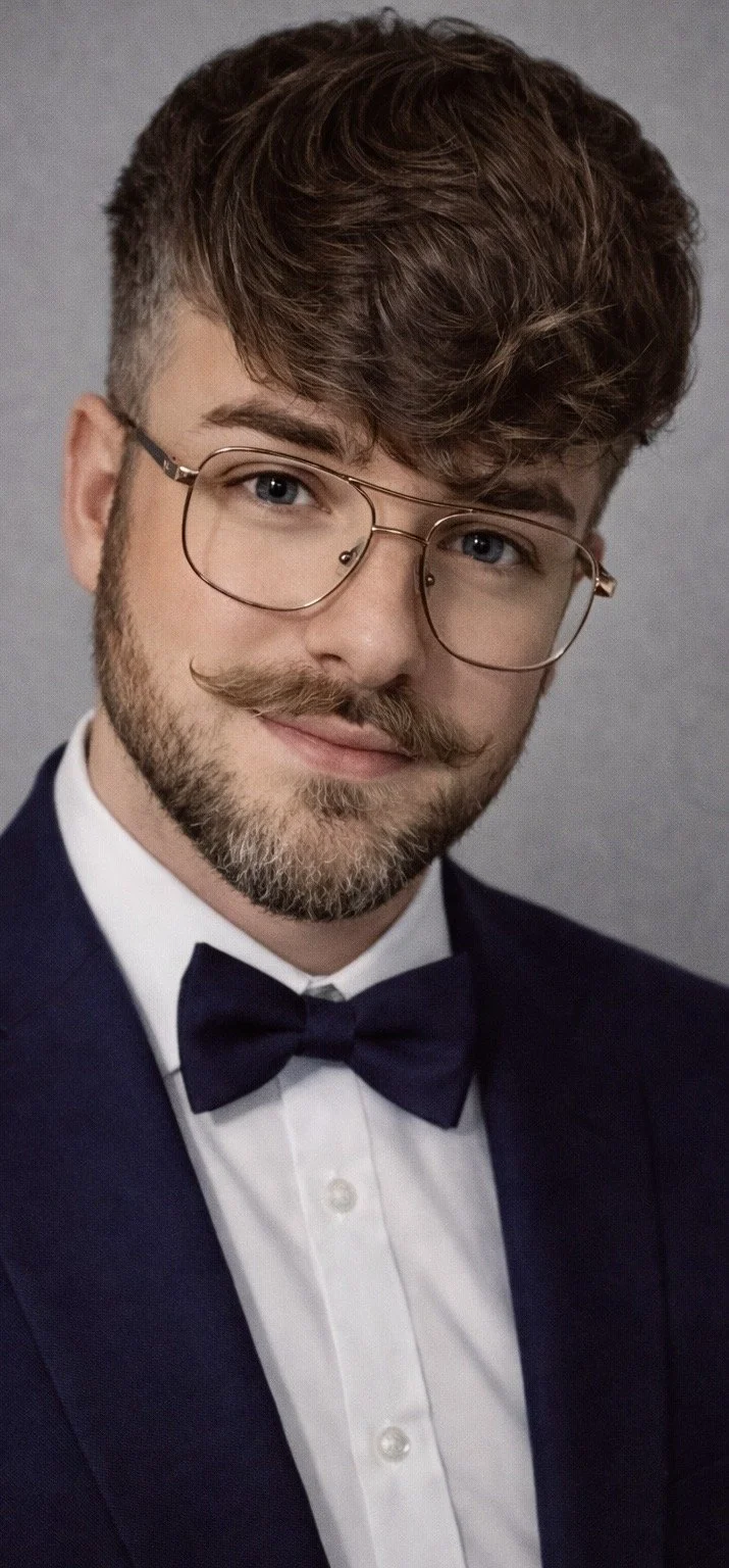 A man with brown hair, glasses, and a beard, wearing a tuxedo with a bow tie, smiling at the camera.