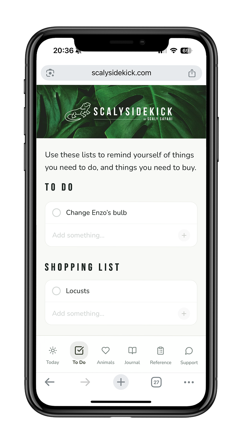 Reptile care app with task list for reminders like feeding and habitat maintenance