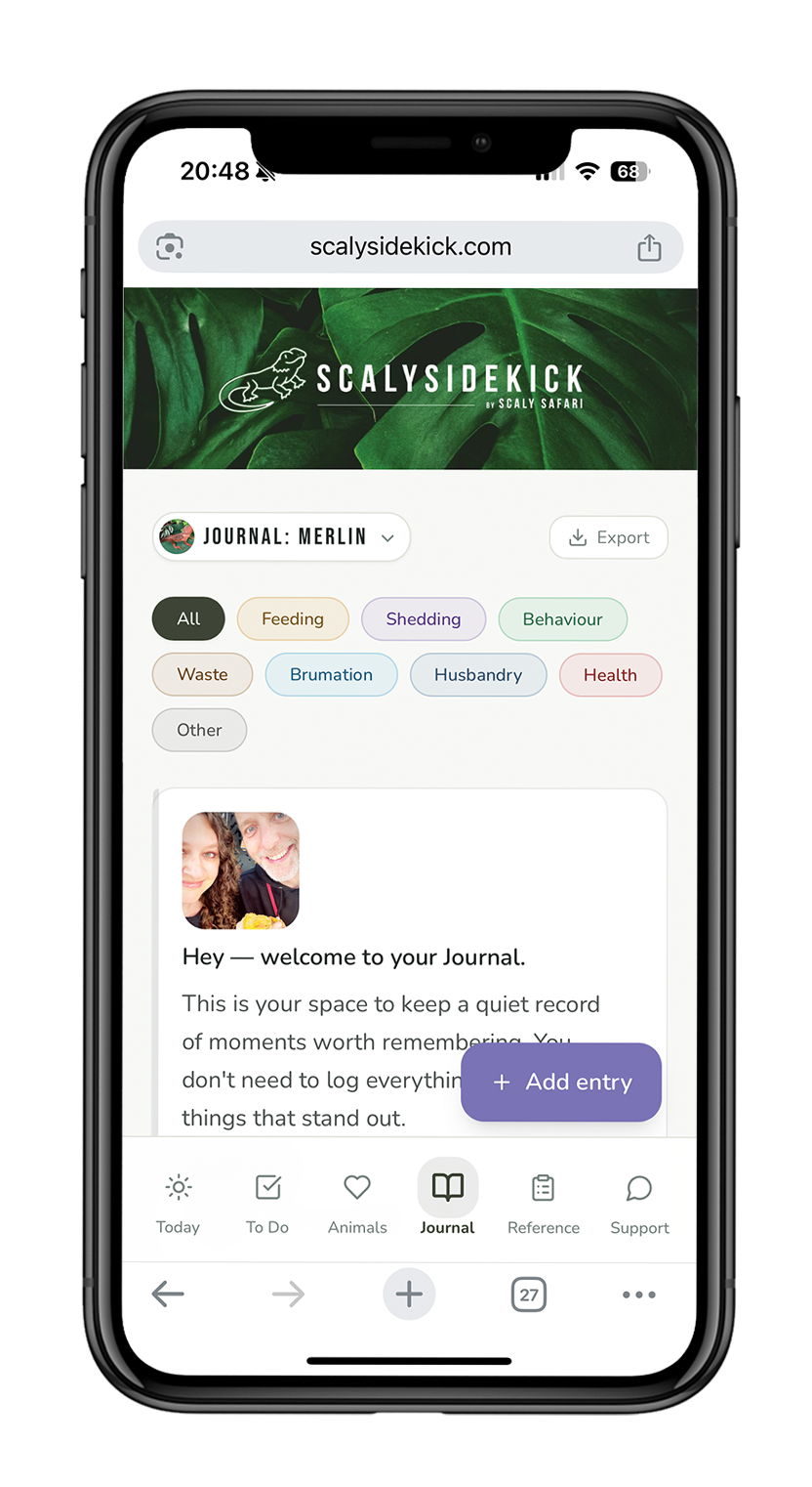 Reptile care app journal for tracking behaviour, feeding, and notes with photos