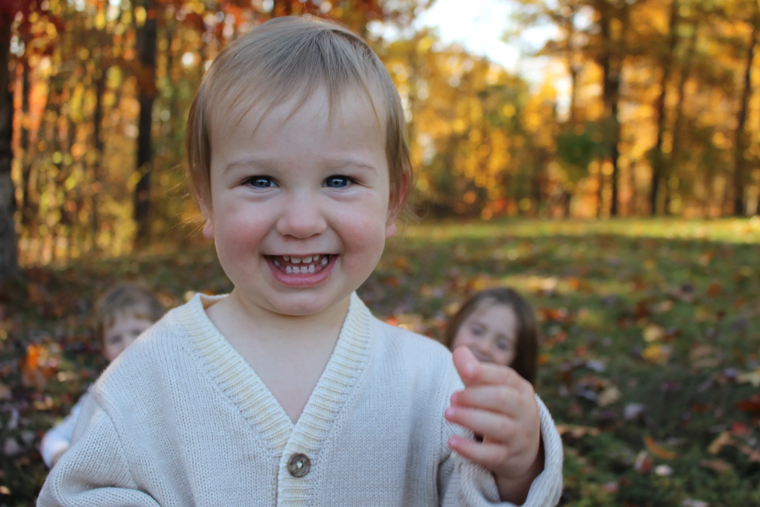 A young child with blue eyes and light brown hair smiling broadly in an outdoor autumn setting, with two other children partially visible in the background among fallen leaves and colorful trees.