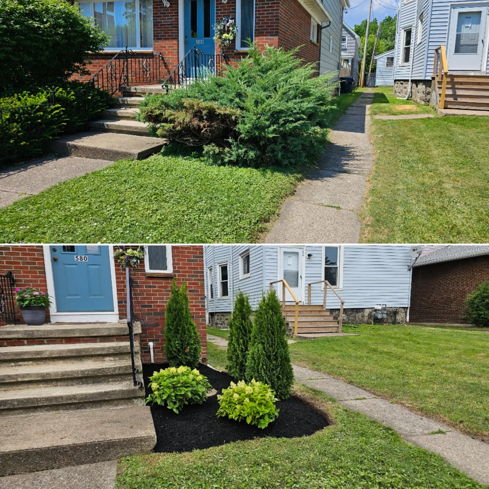 Before and after images of a house front yard. The top image shows overgrown bushes and unkempt grass. The bottom image shows the same yard with trimmed bushes, small trees planted, and freshly laid mulch, indicating yard renovation.