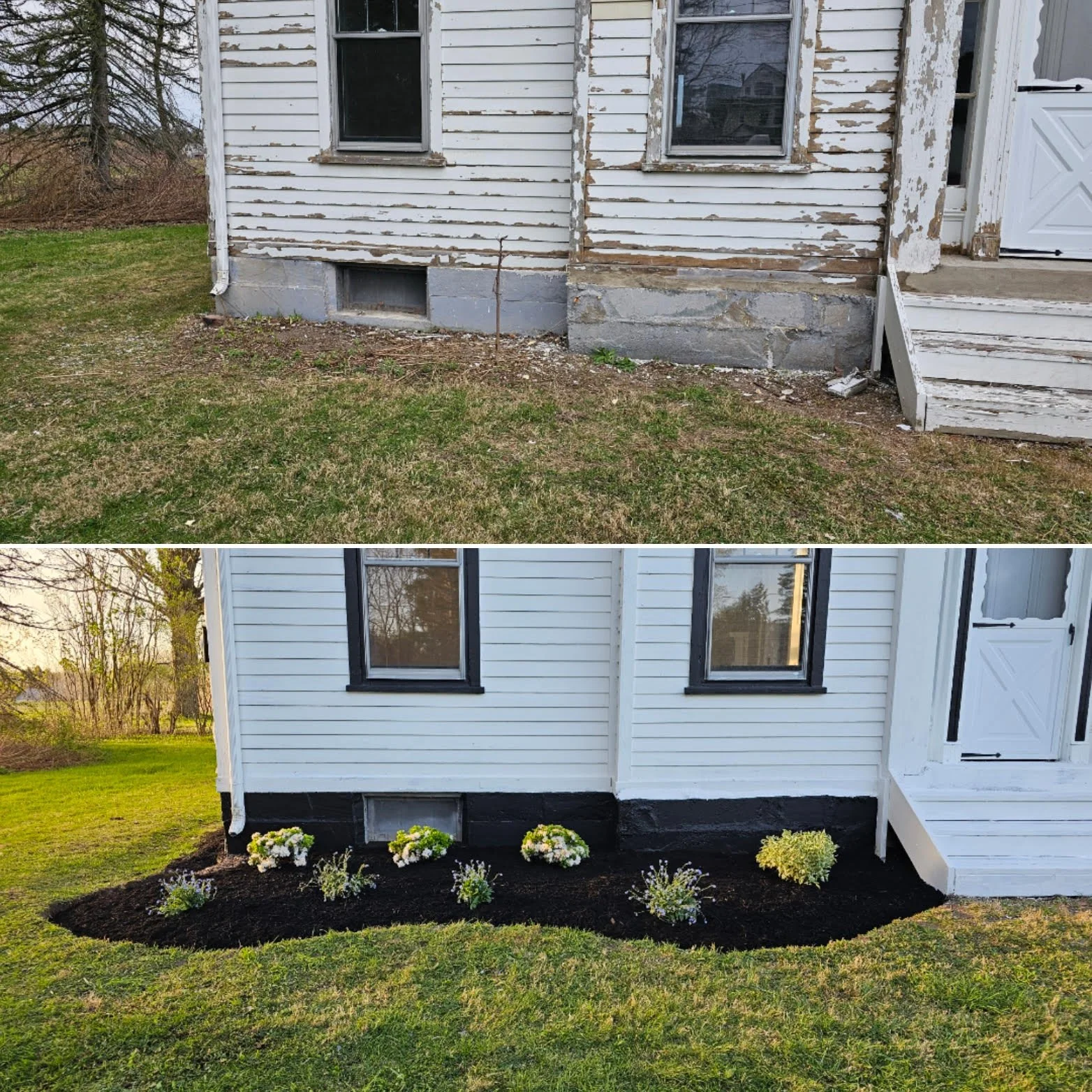 Comparison of a house's exterior before and after renovation: the top shows a worn and peeling white siding with a damaged step, while the bottom shows a freshly painted white house with black trim, landscaped with plants and mulch.