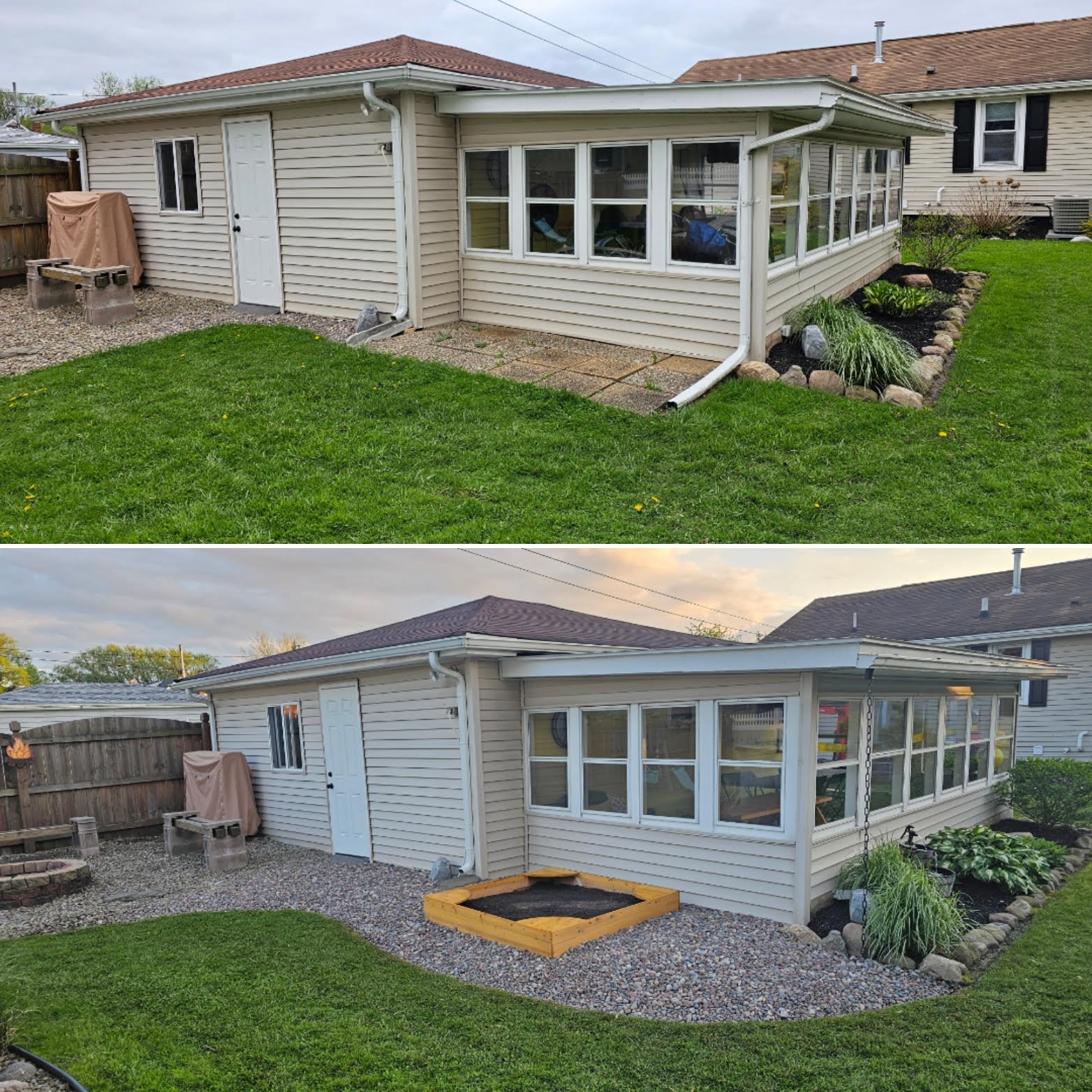 A backyard with a house featuring a screened porch. In the first image, the porch is complete with a white door and windowed walls, and landscaping with rocks and plants. In the second image, a wooden frame has been added to the porch area, likely fo